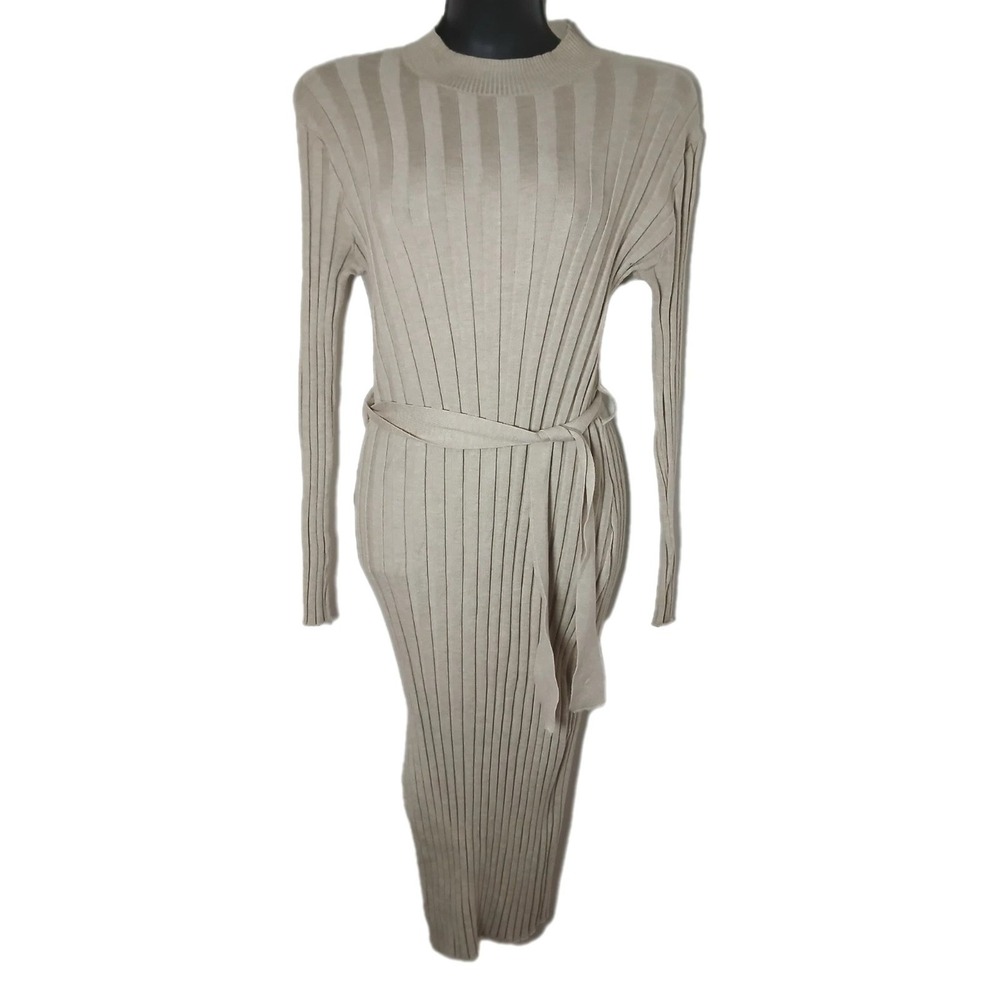 Lark & Grey Women's M Beige Ribbed Knit Dress Long Sleeve Belted Midi Stretch